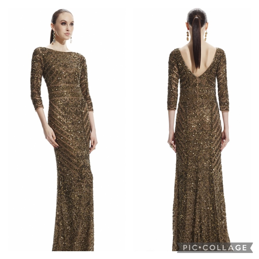 Theia long sleeves fully beaded long dress